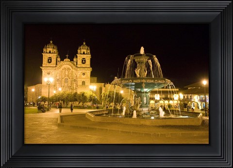 Framed Fountain lit up at night at a town square, Cuzco, Cusco Province, Cusco Region, Peru Print
