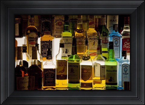 Framed Bottles of Liquor, De Luan&#39;s Bar, Ballydowane, County Waterford, Ireland Print