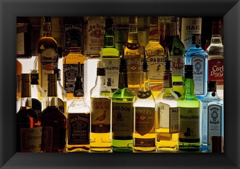 Framed Bottles of Liquor, De Luan&#39;s Bar, Ballydowane, County Waterford, Ireland Print