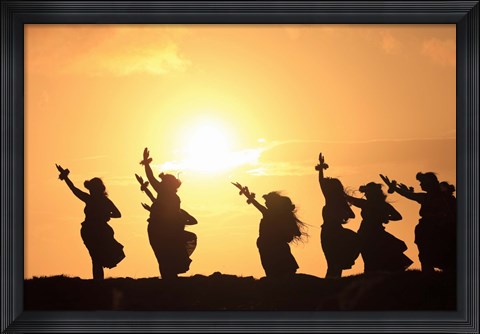 Framed Silhouette of hula dancers at sunrise, Molokai, Hawaii, USA Print