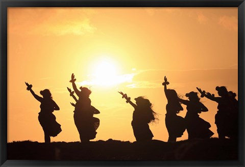 Framed Silhouette of hula dancers at sunrise, Molokai, Hawaii, USA Print