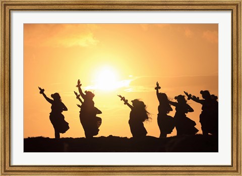 Framed Silhouette of hula dancers at sunrise, Molokai, Hawaii, USA Print