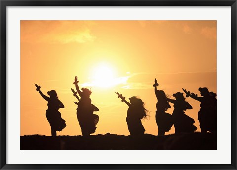 Framed Silhouette of hula dancers at sunrise, Molokai, Hawaii, USA Print