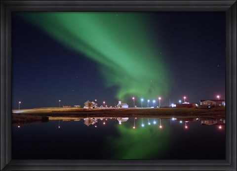 Framed Aurora Borealis over a town, Njardvik, Iceland Print