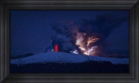 Framed Erupting Volcano at Night, Eyjafjallajokull, Iceland Print