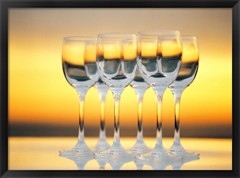 Framed Row Of Wineglasses Against Golden Yellow shiny Background Print