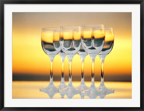 Framed Row Of Wineglasses Against Golden Yellow shiny Background Print