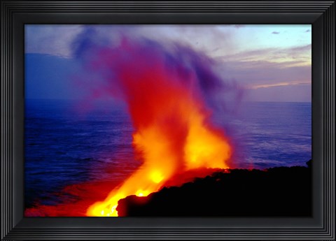 Framed Lava from Volcano Falling into Sea, Big Island, Hawaii Print