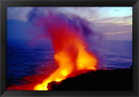 Framed Lava from Volcano Falling into Sea, Big Island, Hawaii Print