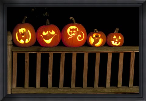 Framed Jack o&#39; lanterns lit up at night, Atlanta, Georgia, USA Print