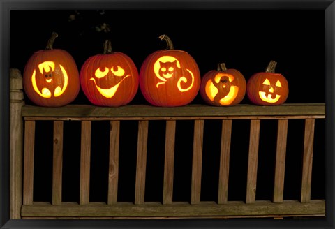 Framed Jack o&#39; lanterns lit up at night, Atlanta, Georgia, USA Print