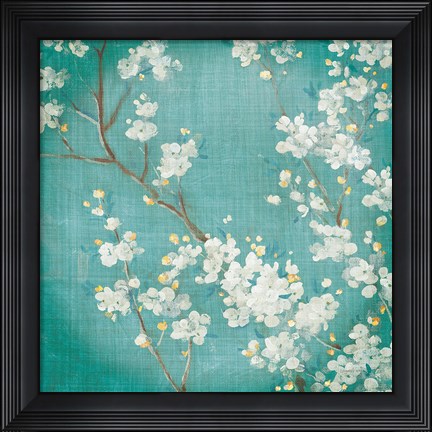 Framed White Cherry Blossoms II on Blue Aged No Bird Print