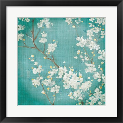 Framed White Cherry Blossoms II on Blue Aged No Bird Print