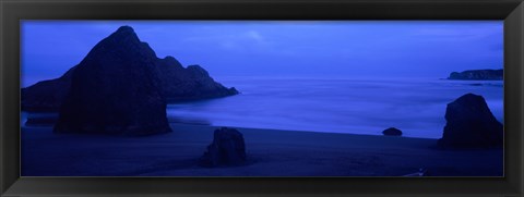 Framed Silhouette of rock formations in the sea at dusk, Myers Creek Beach, Oregon Print