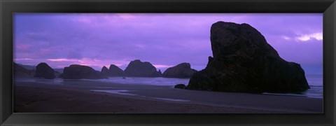 Framed Silhouette of rock formations in the sea against a pink sky, Myers Creek Beach, Oregon Print