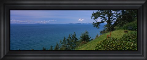 Framed Old red chair near the sea, Strait of Juan de Fuca, San Juan Islands, Whidbey Island, Island County, Washington State, USA Print