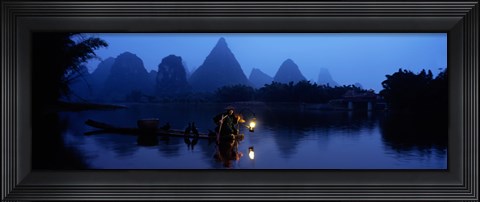 Framed Fisherman fishing at night, Li River , China Print