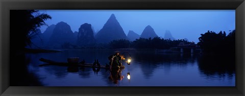 Framed Fisherman fishing at night, Li River , China Print