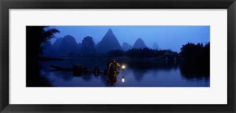 Framed Fisherman fishing at night, Li River , China Print