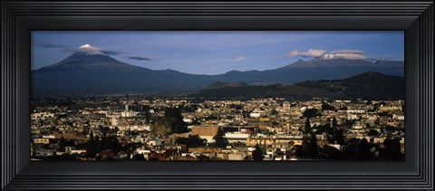 Framed Aerial view of a city a with mountain range in the background, Popocatepetl Volcano, Cholula, Puebla State, Mexico Print