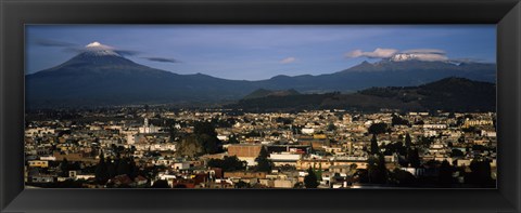 Framed Aerial view of a city a with mountain range in the background, Popocatepetl Volcano, Cholula, Puebla State, Mexico Print