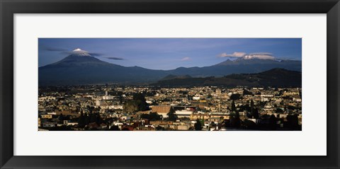 Framed Aerial view of a city a with mountain range in the background, Popocatepetl Volcano, Cholula, Puebla State, Mexico Print