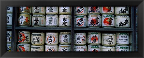 Framed Stack of jars on racks, Tsurugaoka Hachiman Shrine, Kamakura, Kanagawa Prefecture, Kanto Region, Japan Print