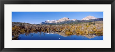 Framed Reflection of mountains in water, Milk River, US Glacier National Park, Montana, USA Print