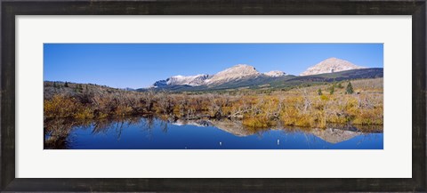 Framed Reflection of mountains in water, Milk River, US Glacier National Park, Montana, USA Print