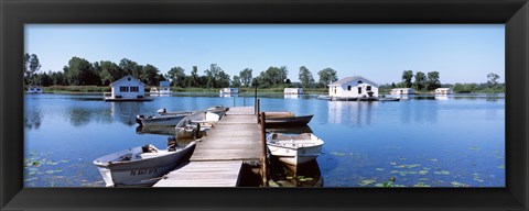 Framed Boathouses in a lake, Lake Erie, Erie, Pennsylvania, USA Print