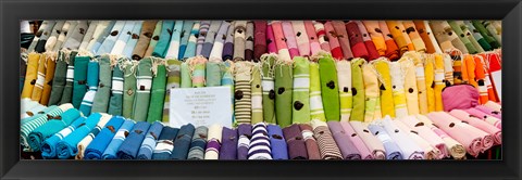 Framed Tablecloths for sale at a market stall, Lourmarin, Vaucluse, Provence-Alpes-Cote d&#39;Azur, France Print