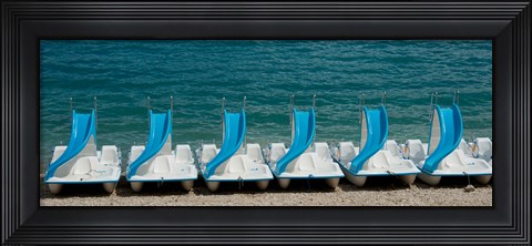 Framed Slide boats on beach, Lac de Sainte Croix, Alpes-de-Haute-Provence, Provence-Alpes-Cote d&#39;Azur, France Print