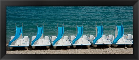 Framed Slide boats on beach, Lac de Sainte Croix, Alpes-de-Haute-Provence, Provence-Alpes-Cote d&#39;Azur, France Print