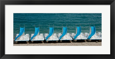 Framed Slide boats on beach, Lac de Sainte Croix, Alpes-de-Haute-Provence, Provence-Alpes-Cote d&#39;Azur, France Print