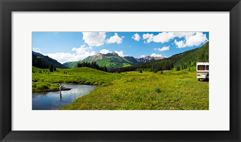 Framed Man camping along Slate River, Crested Butte, Gunnison County, Colorado, USA Print