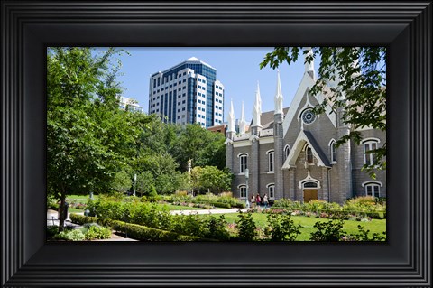 Framed Assembly hall in a city, Salt Lake Assembly Hall, Temple Square, Salt Lake City, Utah, USA Print