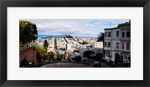 Framed Aerial view of the Lombard Street, Coit Tower, Bay Bridge, San Francisco, California, USA Print