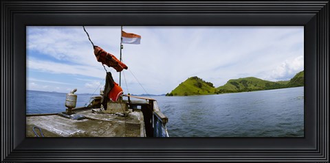 Framed Boat in the sea with islands in the background, Flores Island, Indonesia Print