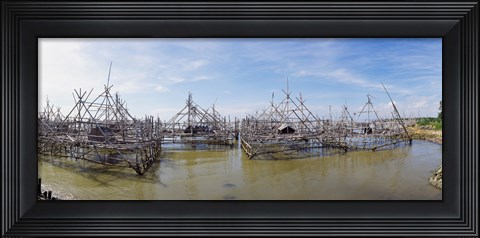 Framed Fishing platforms along coast of Madura Island, Indonesia Print