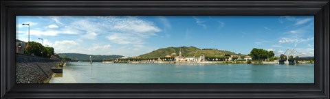 Framed Town at the waterfront, vineyards on the hill in background, Tain-l&#39;Hermitage, Rhone River, Rhone-Alpes, France Print
