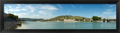 Framed Town at the waterfront, vineyards on the hill in background, Tain-l&#39;Hermitage, Rhone River, Rhone-Alpes, France Print