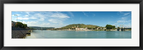 Framed Town at the waterfront, vineyards on the hill in background, Tain-l&#39;Hermitage, Rhone River, Rhone-Alpes, France Print