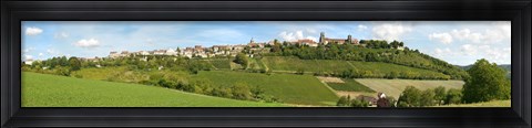 Framed Vineyards with the town on a hill, Vezelay, Yonne, Burgundy, France Print