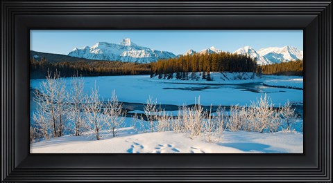 Framed Frozen river with mountain range in the background, Mt Fryatt, Athabaska River, Jasper National Park, Alberta, Canada Print