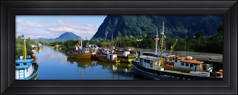 Framed Boats docked at a harbor, Puerto Aisen, AISEN Region, Patagonia, Chile Print