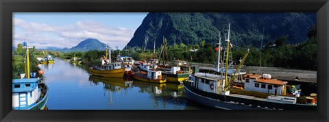 Framed Boats docked at a harbor, Puerto Aisen, AISEN Region, Patagonia, Chile Print