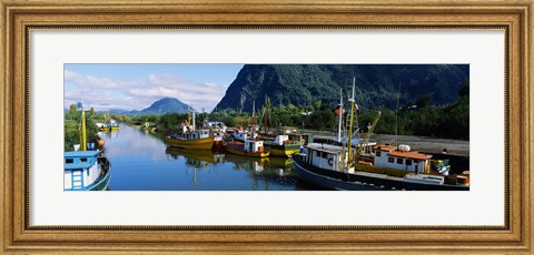 Framed Boats docked at a harbor, Puerto Aisen, AISEN Region, Patagonia, Chile Print