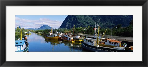 Framed Boats docked at a harbor, Puerto Aisen, AISEN Region, Patagonia, Chile Print