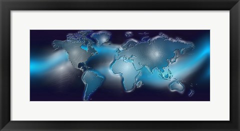 Framed Map of the world with blue trail Print