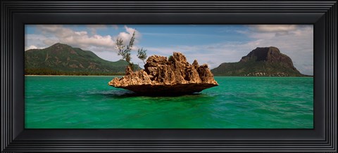 Framed Rock in Indian Ocean with mountain the background, Le Morne Mountain, Mauritius Island, Mauritius Print